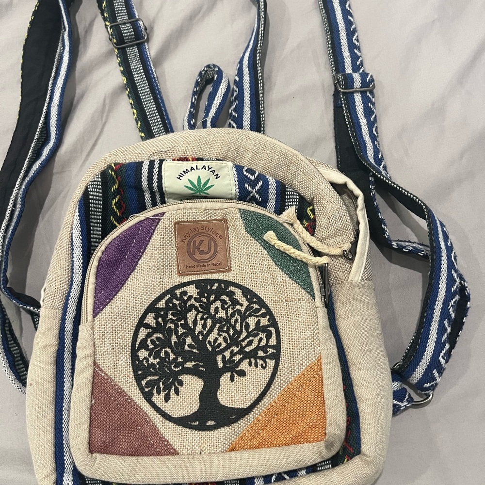 Canvas Backpack with Tree Design - Multicolor